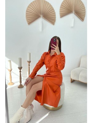 Dogutrend Oranj Boydan Düğmeli Deri Elbise