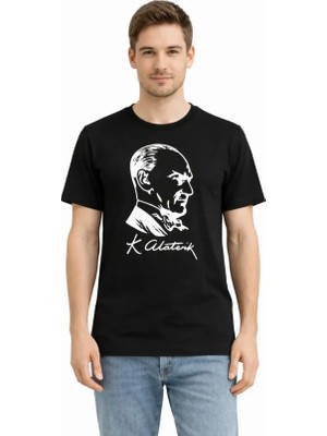 Artsviva Erkek Atatürk Baskılı Tişört Kısa Kollu Bisiklet Yaka T-Shirt - Siyah