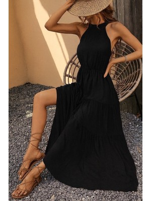 Dogutrend Kadın Kolsuz Halter Yaka Beli Lastiklidesenli Mikro Elbise
