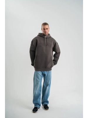 Dogutrend Erkek Nakış Işlemeli Kapşonlu Antrasit Sweatshirt Üç Iplik Double Oversize- Füme