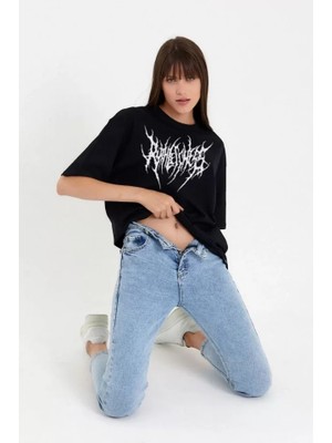 Dogutrend Unisex Bisiklet Yaka Baskılı Oversize T-Shirt - Siyah