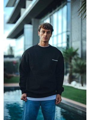 Dogutrend Kışlık Bisiklet Yaka Oversize Baskılı Sweatshirt - Siyah