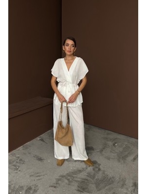 Dogutrend Keten V Yaka Belden Bağlamalı Bluz-Pantolon Takım - Beyaz