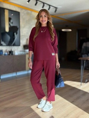 Dogutrend Kadın Uzun Kollu Bisiklet Yaka Viskon Iki Iplik Bluz ve Pantolon Ikili Takım