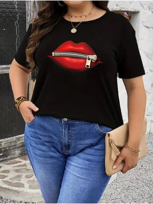 Dogutrend Baskılı Oversize Bisiklet Yaka T-Shirt - Siyah