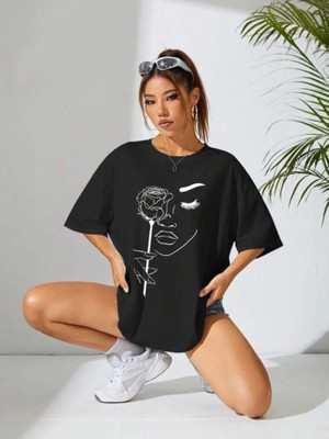 Dogutrend Baskılı Oversize T-Shirt - Siyah