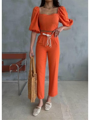 Dogutrend Keten Crop Karpuz Kol Bluz-Pantolon Hasır Kemerli - Orange