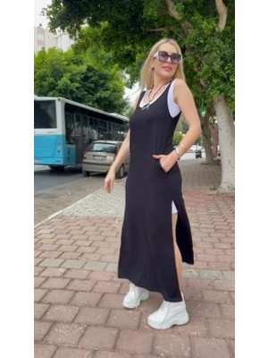 Dogutrend Kadın Askılı Yuvarlak Yakalı Cepli Yırtmaç Detaylı Viskon Elbise ve Atlet Ikili Takım