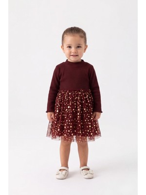 Le Mabelle Bordo Yıldız Baskılı Tül Etekli Kız Bebek Elbise - Karen
