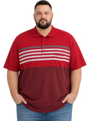 Battal Moda Battalmoda Erkek Büyük Beden Kırmızı Polo Yaka Kısa Kollu Şeritli Tişört 3xl-4xl-5xl-6xl