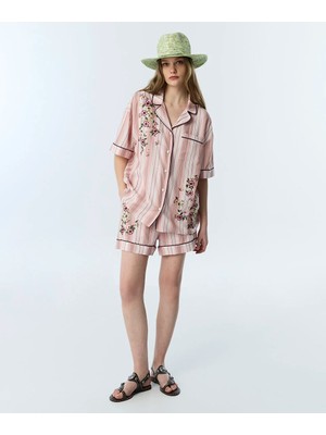 Twist Floral Nakışlı Çizgili Şort TS1260013020033