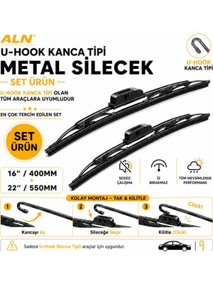 ALN Metal Silecek Seti - Ön Takım(2li) & U-Hook Kanca Tipi Tüm Araçlarla Uyumlu - 16 (400MM) & 22 (550MM)
