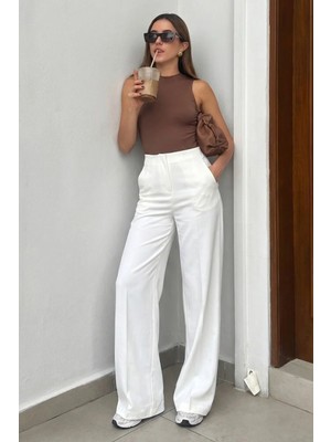 Madmext Beyaz Premium Yüksel Bel Pileli Pantolon MG2717