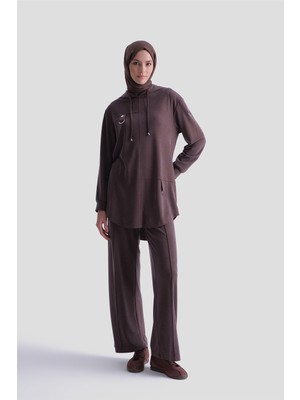 Armine Kapüşonlu Örme Rayon Takım 25KD4386 Kahverengi