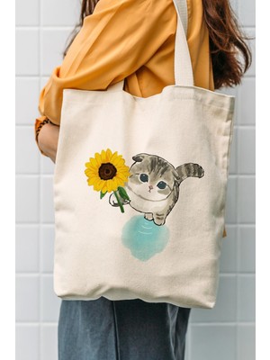 Çınar Bez Çanta Çınar Kanvas Ayçiçekli Kedi Bez Çanta 35x40x8 cm Bej Desenli Dayanıklı Kullanım C1614