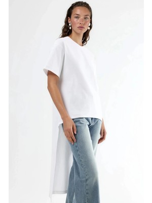 Hiccup Kadınlar BUSEM Yırtmaçlı Oversize Bisiklet Yaka Tunik Beyaz