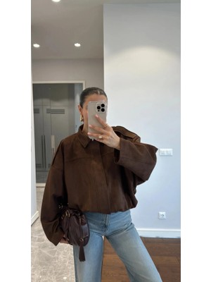Rowsmen Oversıze Kadın Süet Ceket Trend Bomber Süet Ceket