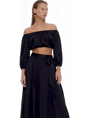 ROMAN Beli Bağlama Detaylı Midi Boy Tafta Etek Siyah YY015078_001