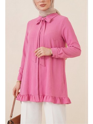 Moda Morfo Eteği Fırfırlı Beli Bağcıklı Gizli Düğmeli Modal Tunik -Pembe