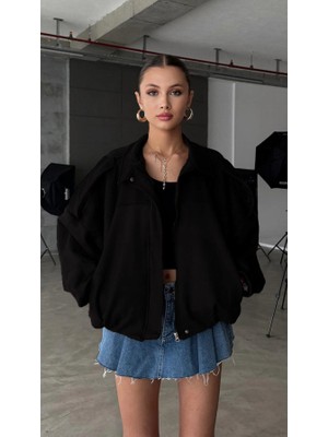 Rowsmen Oversıze Kadın Siyah Süet Ceket Trend Bomber Süet Ceket