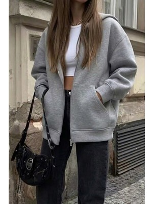 Köstebek Gri Melanj Kalın Kumaş Y2K Unisex Kapüşonlu Hırka
