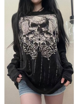 Köstebek Siyah Tribal Skulls Gotik Y2K Unisex Sweatshirt