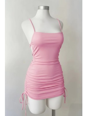 Köstebek Pembe Büzgülü Sırt Ipli & Dekolteli Askılı Gotik Y2K Saten Elbise