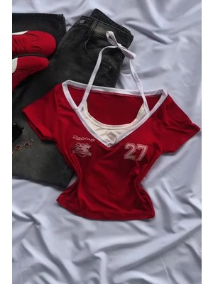 Köstebek Kırmızı Racing 27 Number Ek Askılı Y2K Kısa Kollu Crop