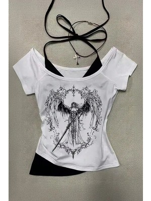 Köstebek Beyaz Sword Warriror Angel Madonna Yaka Ek Askılı Full Body Y2K Kısa Kollu Crop