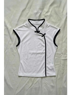 Köstebek Beyaz Mandarin Yaka Siyah Şeritli Qipao Y2K Kısa Kollu Crop
