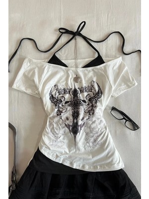 Köstebek Beyaz Gotik Aesthetic Skulls Cross Ekli Bağlamalı Y2K Kısa Kollu Crop