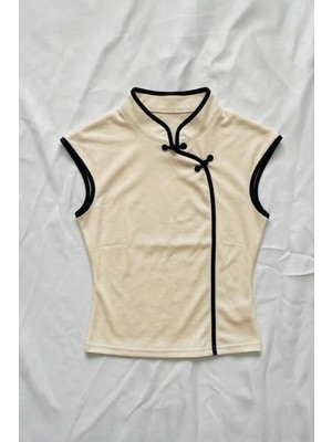 Köstebek Ekru Mandarin Yaka Siyah Şeritli Qipao Y2K Kısa Kollu Crop