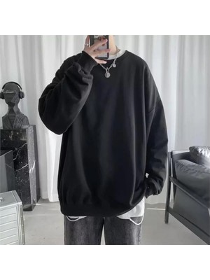 Köstebek Oversize Düz Siyah Orta Kalın Kumaş Oversize Unisex Uzun Kollu