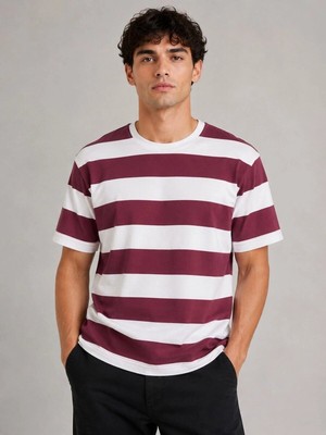 Mevese Flow Çizgili Oversize Tişört Bisiklet Yaka Kısa Kol Yazlık T-Shirt - Bordo