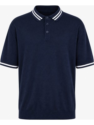 Trender Düğmeli Beyaz-Lacivert Erkek Polo Yaka T-Shirt 17351