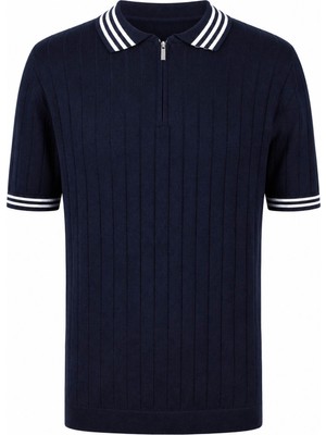 Trender Yarım Fermuarlı Beyaz-Lacivert Erkek Polo Yaka T-Shirt 17434