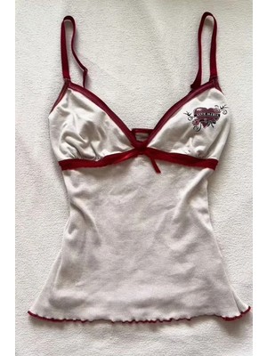 Köstebek Beyaz Vive Maria Kırmızı Şeritli Fiyonk Detaylı Vintage Y2K Askılı Crop