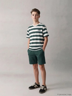 LC Waikiki Lcw Kids Yeşil Çizgili Erkek Çocuk Şortlu Takım