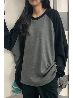 Köstebek Siyah Raglan Kollu Antrasit Basic Y2K Unisex Sweatshirt