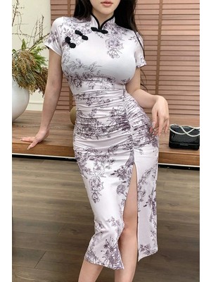 Köstebek Beyaz Qipao Vintage Floral Baskılı Y2K Elbise