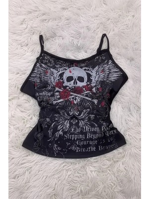 Köstebek Siyah Skull Ambition Gotik Rose Y2K Askılı Crop