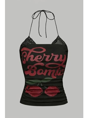 Köstebek Siyah Cherry Bomb Dantelli Ek Y2K Askılı Crop