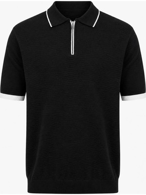 Trender Yarım Fermuarlı Siyah - Beyaz Erkek Polo Yaka T-Shirt 17354
