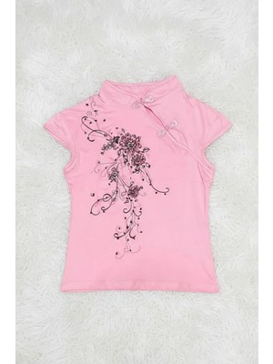 Köstebek Pembe Mandarin Yaka Çiçekli Qipao Vintage Y2K Kısa Kollu Crop