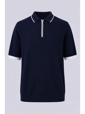 Trender Yarım Fermuarlı Beyaz-Lacivert Erkek Polo Yaka T-Shirt 17354