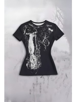 Köstebek Siyah Vintage Angel Affliction Cyber Grunge Y2K Kısa Kollu Crop