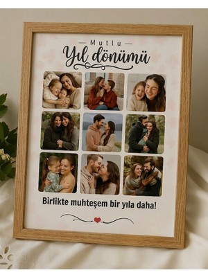Kişiye Özel 9 Fotoğraflı Ahşap Çerçeveli Poster - Yıl Dönümü Hediyesi Kolaj