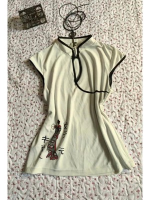 Köstebek Ekru Mandarin Yaka Vintage Geisha Baskılı Y2K Kısa Kollu Crop