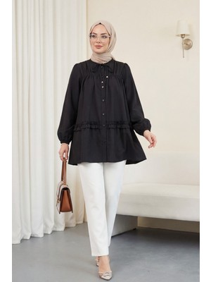 Moda Morfo Robadan Lastikli Eteği Fırfırlı Düğmeli Poplin Tunik -Siyah