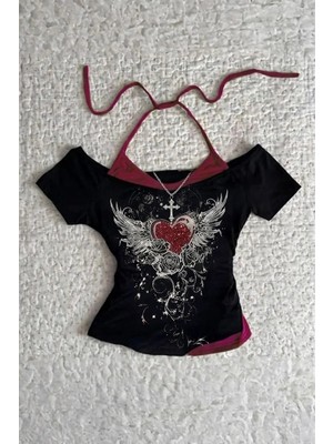 Köstebek Siyah Rose Red Heart Ek Askılı Gotik Y2K Kısa Kollu Crop